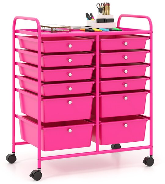 Costway Carrello con 12 cassetti in plastica da ufficio e domestico, Carrello multiuso 64x38x75cm Rosa scuro