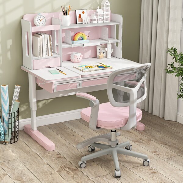 Costway Sedia da studio con altezza regolabile da computer in rete, Sedia da scrivania per bambini ruote universali Rosa