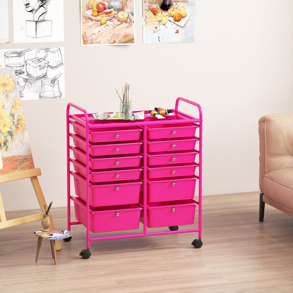 Costway Carrello con 12 cassetti in plastica da ufficio e domestico, Carrello multiuso 64x38x75cm Rosa scuro
