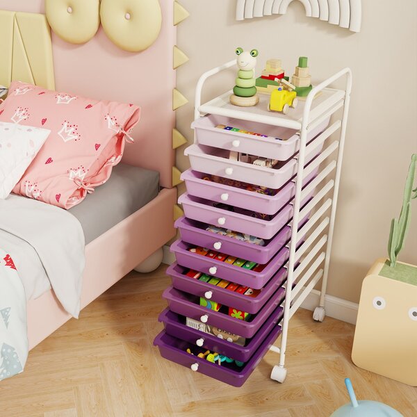 Costway Carrello cassettiera multiuso con 10 cassetti da cucina, Contenitore con ruote a 10 ripiani per bagno Viola