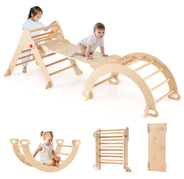 Costway Set triangolo 7 in 1 per bambini, Palestra da interno per bambini da 3+ anni Naturale
