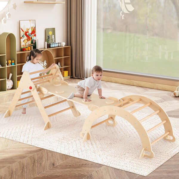 Costway Set triangolo 7 in 1 per bambini, Palestra da interno per bambini da 3+ anni Naturale