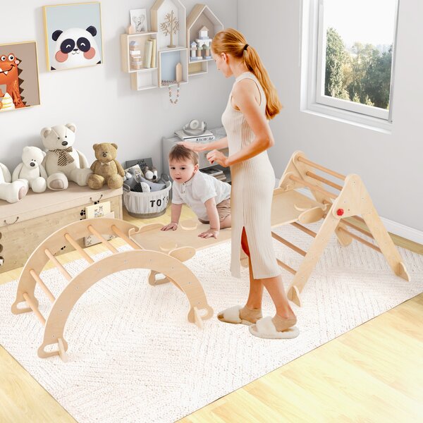 Costway Set triangolo 7 in 1 per bambini, Palestra da interno per bambini da 3+ anni Naturale