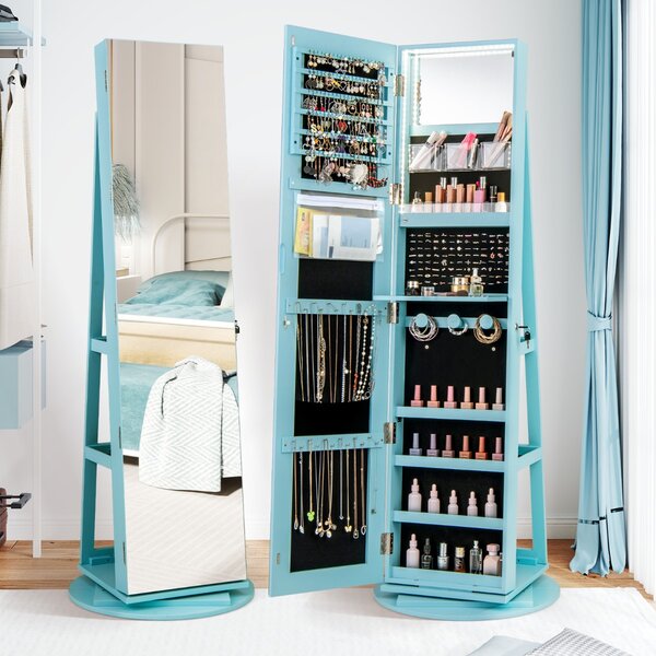 Costway Armadio portagioielli girevole con specchio a figura intera luci LED, Organizer da terra di gioielli Blu