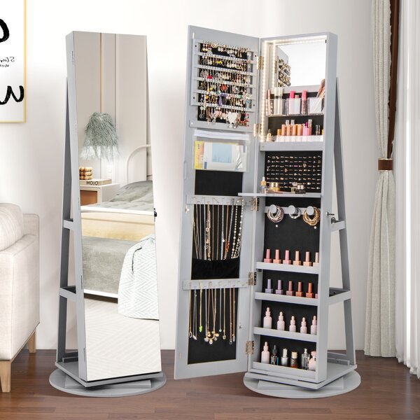 Costway Armadio portagioielli girevole con specchio a figura intera luci LED, Organizer da terra di gioielli Grigio
