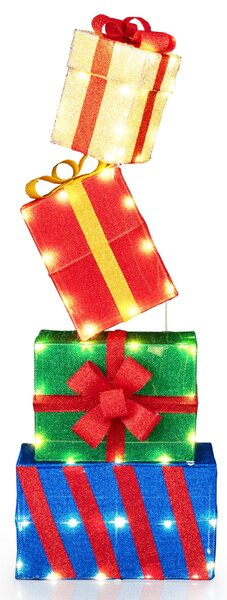 Costway Pacchi regalo decorativi con 51 luci LED caldi fiocchi e combinazione flessibile, Set di 4 scatole regalo a LED di natale