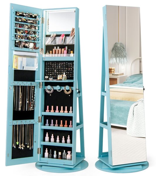 Costway Armadio portagioielli girevole con specchio a figura intera luci LED, Organizer da terra di gioielli Blu