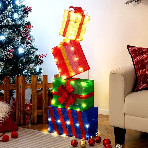 Costway Pacchi regalo decorativi con 51 luci LED caldi fiocchi e combinazione flessibile, Set di 4 scatole regalo a LED di natale