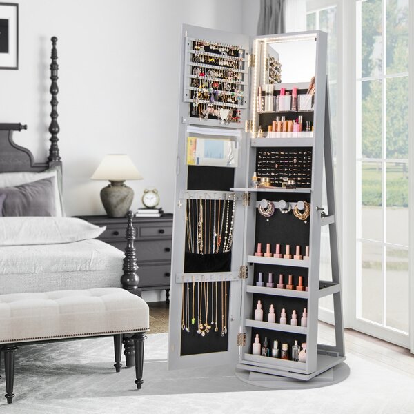 Costway Armadio portagioielli girevole con specchio a figura intera luci LED, Organizer da terra di gioielli Grigio