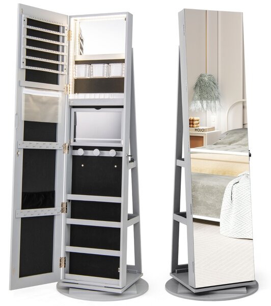 Costway Armadio portagioielli girevole con specchio a figura intera luci LED, Organizer da terra di gioielli Grigio