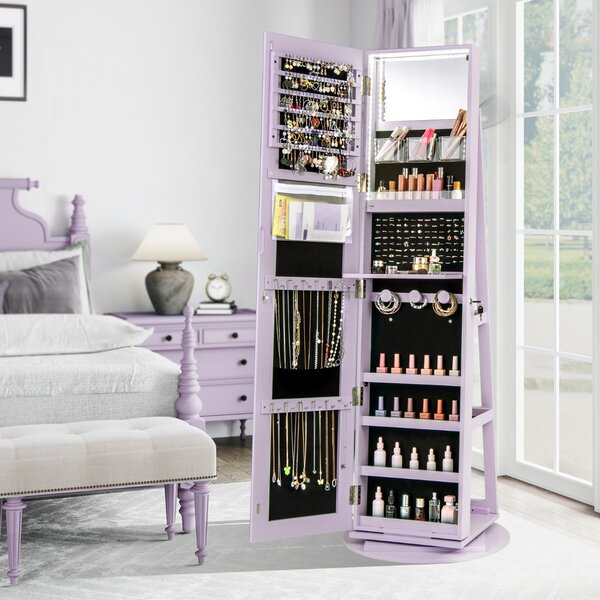 Costway Armadio portagioielli girevole con specchio a figura intera luci LED, Organizer da terra di gioielli Viola