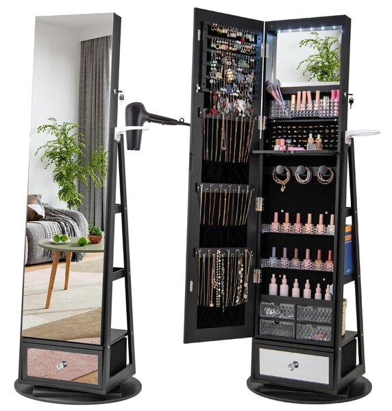 Costway Armadietto portagioie girevole a 360° con specchio lungo, Specchio portagioie con luci LED e specchietto Nero