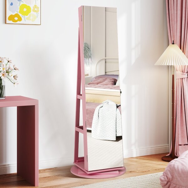 Costway Armadio portagioielli girevole con specchio a figura intera luci LED, Organizer da terra di gioielli Rosa