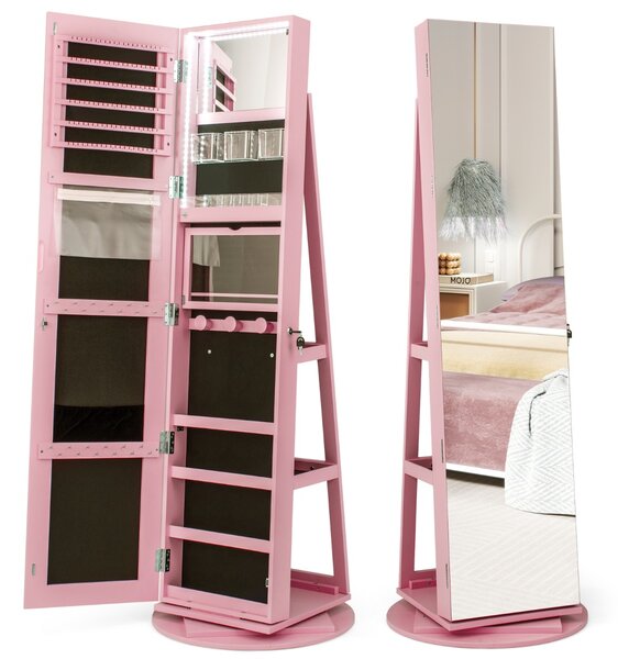 Costway Armadio portagioielli girevole con specchio a figura intera luci LED, Organizer da terra di gioielli Rosa
