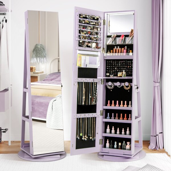 Costway Armadio portagioielli girevole con specchio a figura intera luci LED, Organizer da terra di gioielli Viola