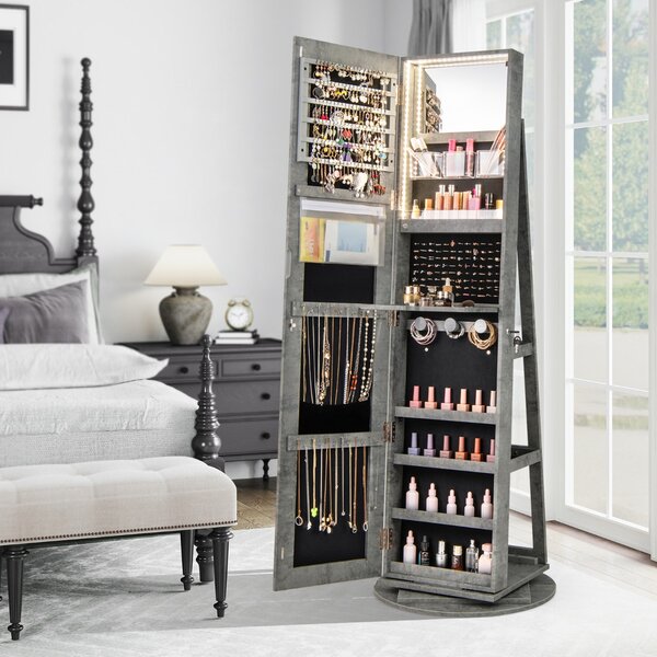 Costway Armadio portagioielli girevole con specchio a figura intera luci LED, Organizer da terra di gioielli Verde