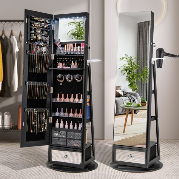 Costway Armadietto portagioie girevole a 360° con specchio lungo, Specchio portagioie con luci LED e specchietto Nero