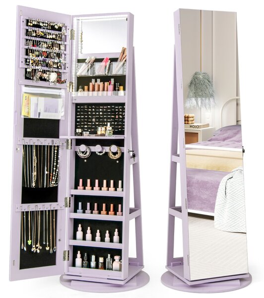 Costway Armadio portagioielli girevole con specchio a figura intera luci LED, Organizer da terra di gioielli Viola