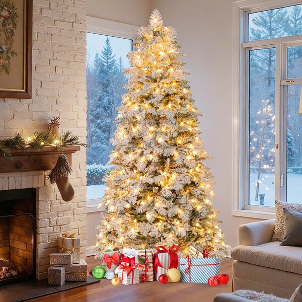 Costway Albero di natale pieghevole con 160 palline luci led e 806 punte di ramo, Albero di natale artificiale innevato da 210 cm Bianco