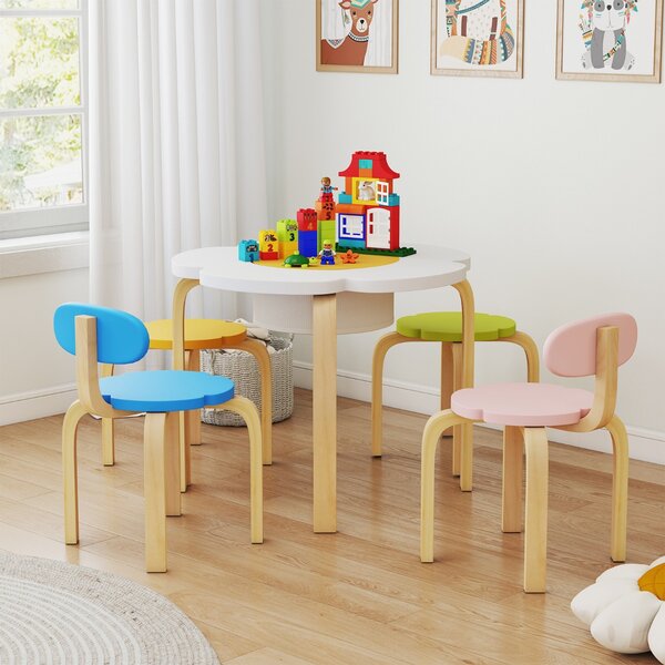 Costway Set tavolo per bambini a forma di fiore in legno con 2 sedie e sgabelli, Tavolo attività per bambini per arte e mestier Colorati