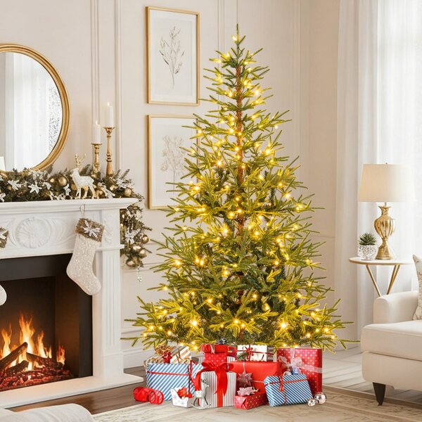Costway Albero di 180 cm natale artificiale pre-illuminato con luci led calde e multicolori, Albero base metallica pieghevole