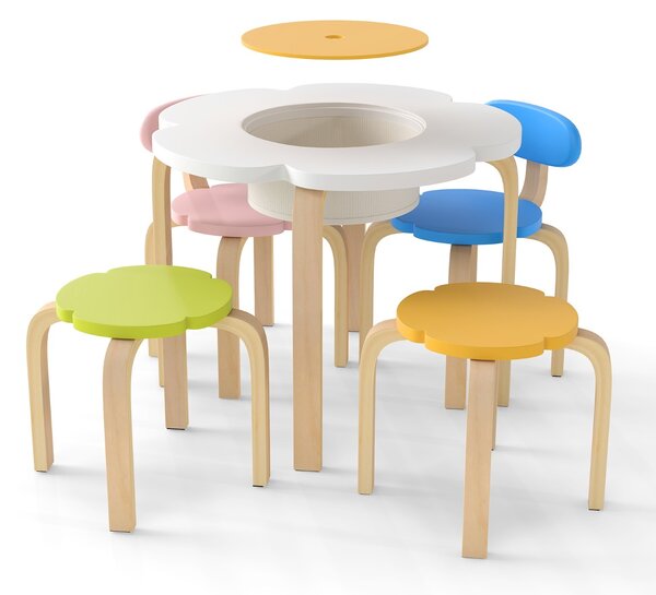 Costway Set tavolo per bambini a forma di fiore in legno con 2 sedie e sgabelli, Tavolo attività per bambini per arte e mestier Colorati