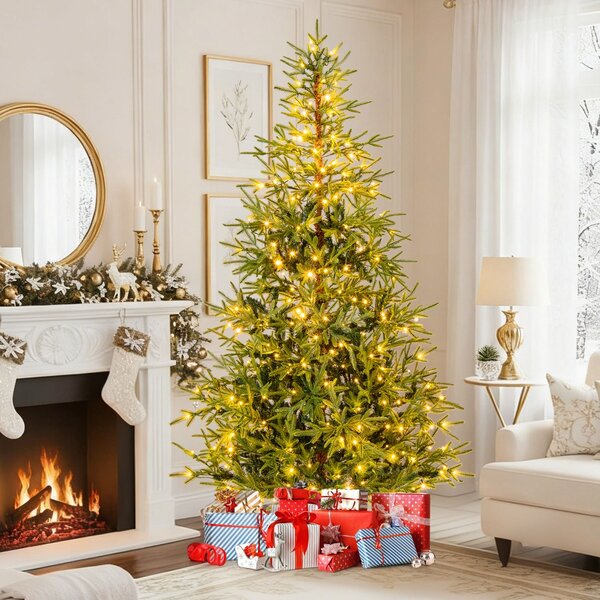 Costway Albero di 210 cm natale artificiale pre-illuminato con luci led calde e multicolori, Albero base metallica pieghevole