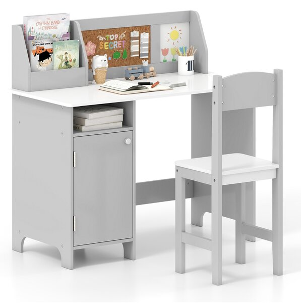 Costway Set di scrivania e sedia per bambini in legno con scaffale armadietto bacheca, Postazione di scrittura Grigio
