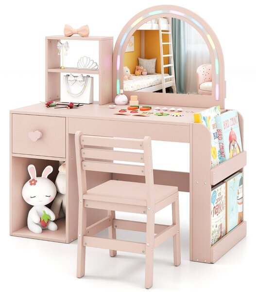 Costway Tavolo da principessa con specchio per trucco illuminato e incorniciato, Set tavolo e sedia per bambini Rosa