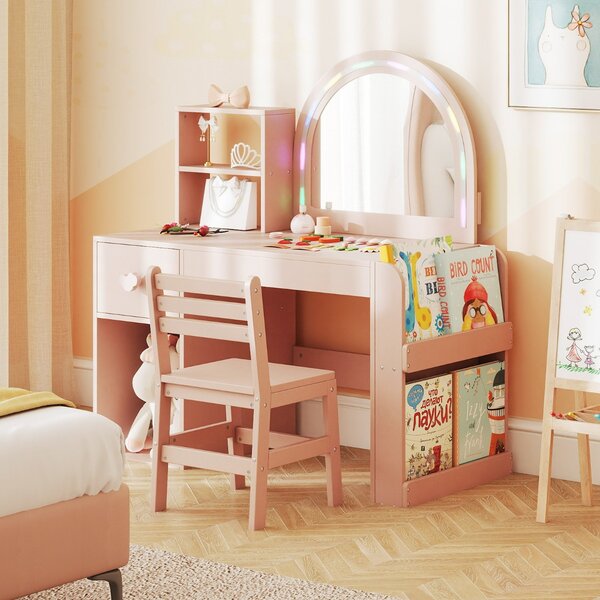 Costway Tavolo da principessa con specchio per trucco illuminato e incorniciato, Set tavolo e sedia per bambini Rosa