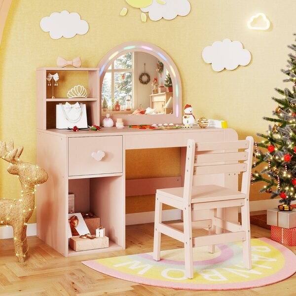 Costway Tavolo da principessa con specchio per trucco illuminato e incorniciato, Set tavolo e sedia per bambini Rosa