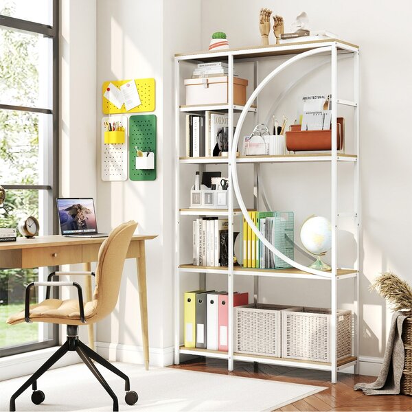Costway Libreria moderna a 6 ripiani aperti per soggiorno e ufficio domestico, Scaffale alto autoportante design a forma di mezzaluna Bianco