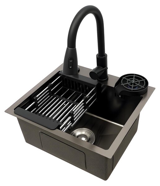 Rubinetto da cucina con beccuccio estraibile - Acciaio inossidabile nero - Lavello da 45x40 cm - Design moderno da incasso