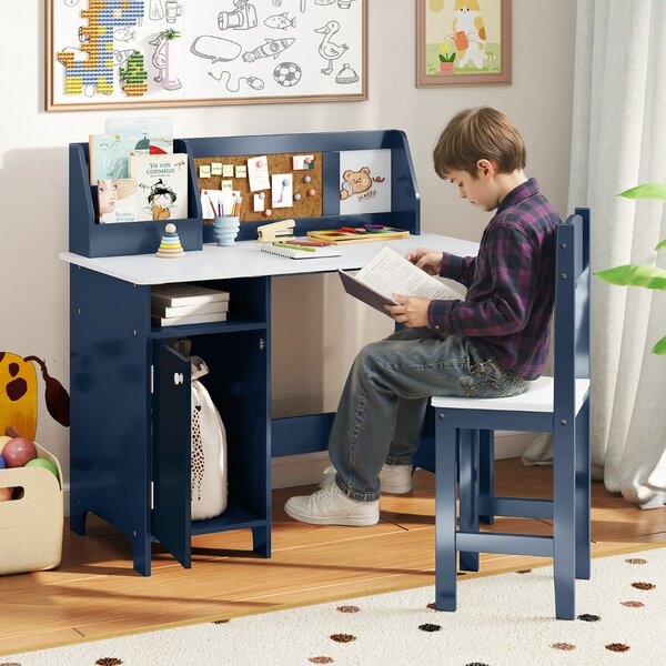Costway Set di scrivania e sedia per bambini in legno con scaffale armadietto bacheca, Postazione di scrittura Blu scuro