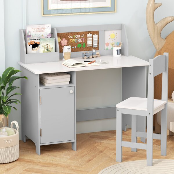 Costway Set di scrivania e sedia per bambini in legno con scaffale armadietto bacheca, Postazione di scrittura Grigio