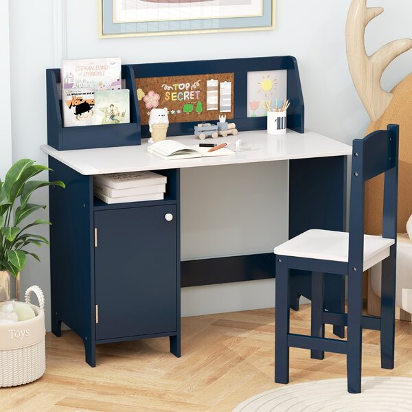 Costway Set di scrivania e sedia per bambini in legno con scaffale armadietto bacheca, Postazione di scrittura Blu scuro
