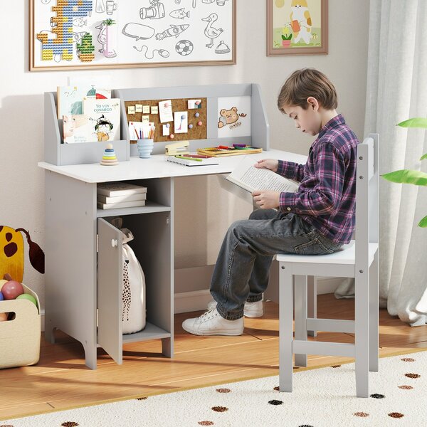 Costway Set di scrivania e sedia per bambini in legno con scaffale armadietto bacheca, Postazione di scrittura Grigio