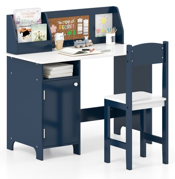 Costway Set di scrivania e sedia per bambini in legno con scaffale armadietto bacheca, Postazione di scrittura Blu scuro