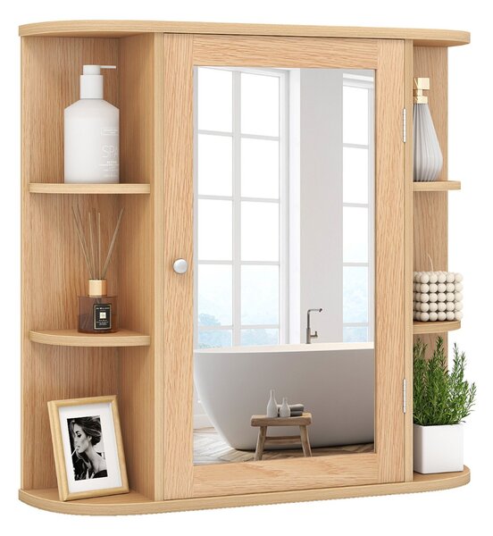 Costway Armadietto del bagno con specchio e mensole regolabili al muro, Armadietto di legno per bagno e salone Legno naturale