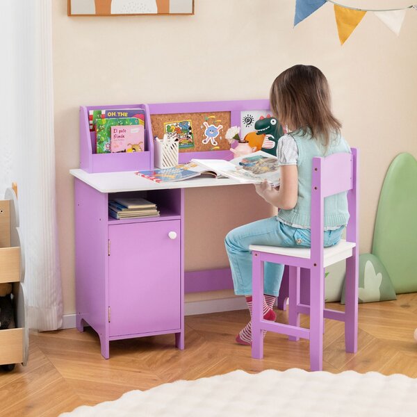 Costway Set di scrivania e sedia per bambini in legno con scaffale armadietto bacheca, Postazione di scrittura Viola