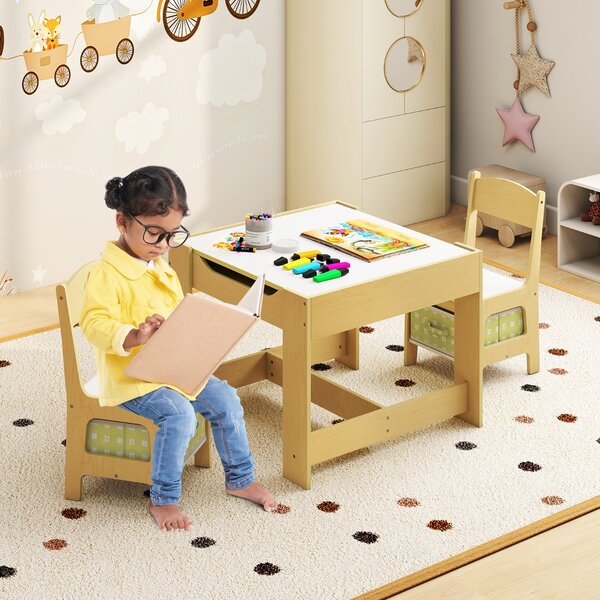 Costway Set tavolo con 2 sedie per bambini in legno, Set di 3 pezzi mobili per bimbi 62x62x48cm Verde