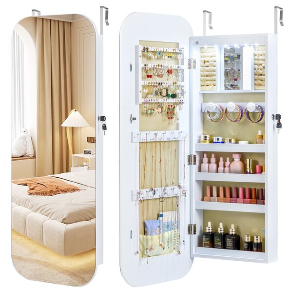 Costway Armadietto per gioielli organizzatore con specchio a figura intera, Armadietto per gioielli e 6 led bordo arrotondato Bianco