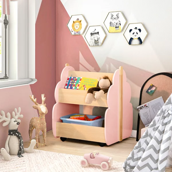 Costway Libreria in legno per bambini con organizzatore di libri, Scaffale di stoccaggio a 2 livelli 52x46x62,5cm Rosa