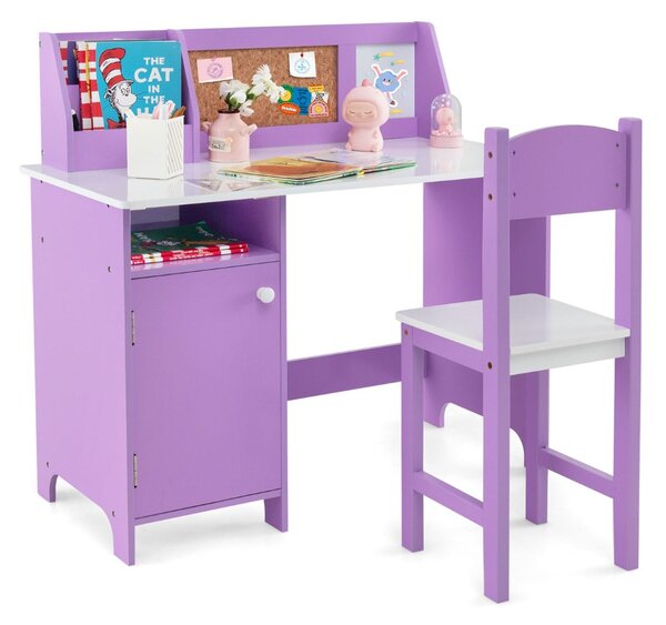 Costway Set di scrivania e sedia per bambini in legno con scaffale armadietto bacheca, Postazione di scrittura Viola
