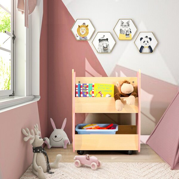 Costway Libreria in legno per bambini con organizzatore di libri, Scaffale di stoccaggio a 2 livelli 52x46x62,5cm Rosa