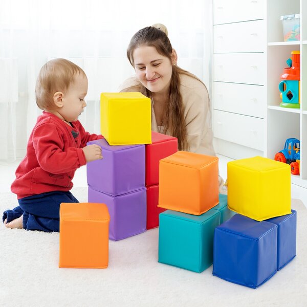 Costway Blocchi in schiuma cubi colorati impilabili con rivestimento in pelle sintetica, Blocchi in schiuma set da 12 cubi per bambini Colorato