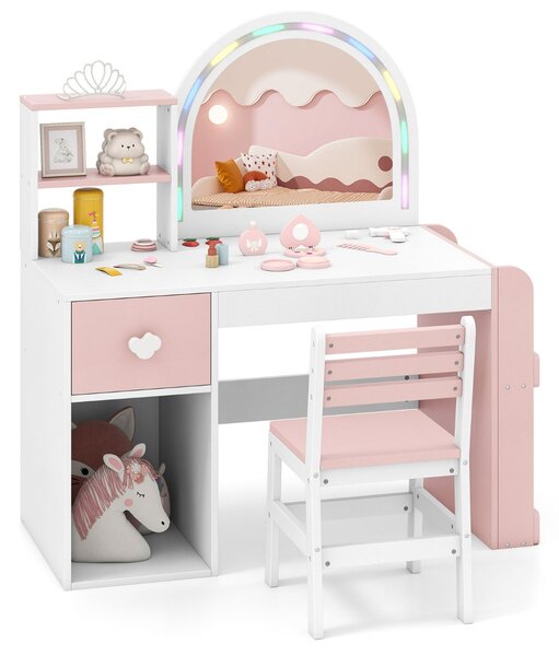 Costway Tavolo da principessa con specchio per trucco illuminato e incorniciato, Set tavolo e sedia per bambini Bianco
