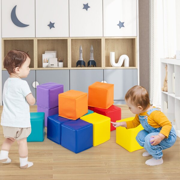 Costway Blocchi in schiuma cubi colorati impilabili con rivestimento in pelle sintetica, Blocchi in schiuma set da 12 cubi per bambini Colorato