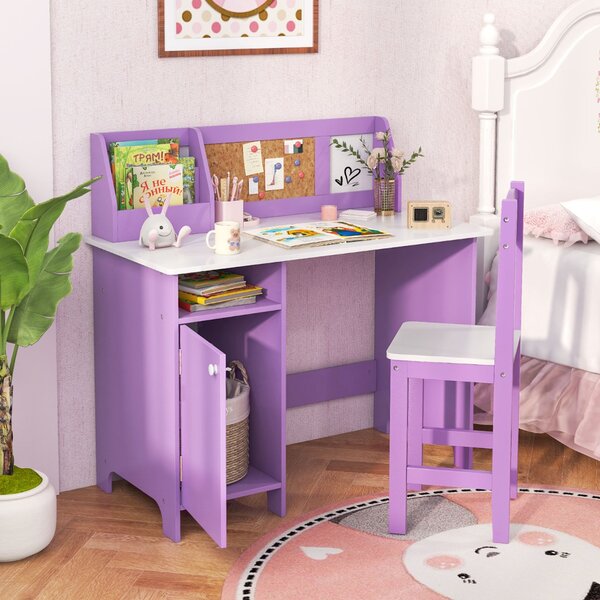 Costway Set di scrivania e sedia per bambini in legno con scaffale armadietto bacheca, Postazione di scrittura Viola