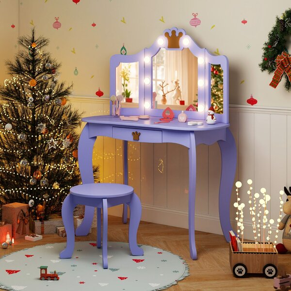 Costway Set da trucco per bambini con specchio illuminato, Set da trucco con tavolo e sedia con specchio Viola